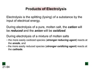 21-94
Products of Electrolysis
Electrolysis is the splitting (lysing) of a substance by the
input of electrical energy.
During electrolysis of a pure, molten salt, the cation will
be reduced and the anion will be oxidized.
During electrolysis of a mixture of molten salts
- the more easily oxidized species (stronger reducing agent) reacts at
the anode, and
- the more easily reduced species (stronger oxidizing agent) reacts at
the cathode.
 