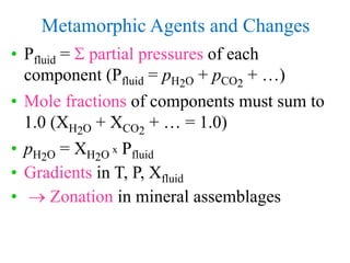 Metamorphic Agents and Changes
• Pfluid = S partial pressures of each
component (Pfluid = pH2O + pCO2
+ …)
• Mole fraction...