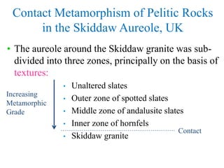 Contact Metamorphism of Pelitic Rocks
in the Skiddaw Aureole, UK
• The aureole around the Skiddaw granite was sub-
divided...