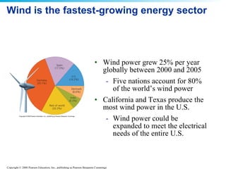 Wind is the fastest-growing energy sector Wind power grew 25% per year globally between 2000 and 2005 Five nations account for 80% of the world’s wind power California and Texas produce the most wind power in the U.S. Wind power could be expanded to meet the electrical needs of the entire U.S. 