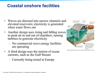 Coastal onshore facilities Waves are directed into narrow channels and elevated reservoirs; electricity is generated when water flows out  Another design uses rising and falling waves to push air in and out of chambers, turning turbines to generate electricity  No commercial wave energy facilities are operating A third design uses the motion of ocean currents, such as the Gulf Stream Currently being tested in Europe 