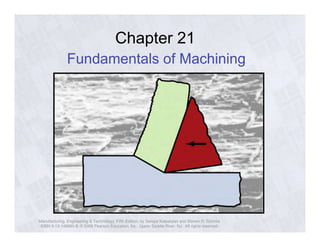 Chapter 21 
Fundamentals of Machining 
Manufacturing, Engineering & Technology, Fifth Edition, by Serope Kalpakjian and Steven R. Schmid. 
ISBN 0-13-148965-8. © 2006 Pearson Education, Inc., Upper Saddle River, NJ. All rights reserved. 
 