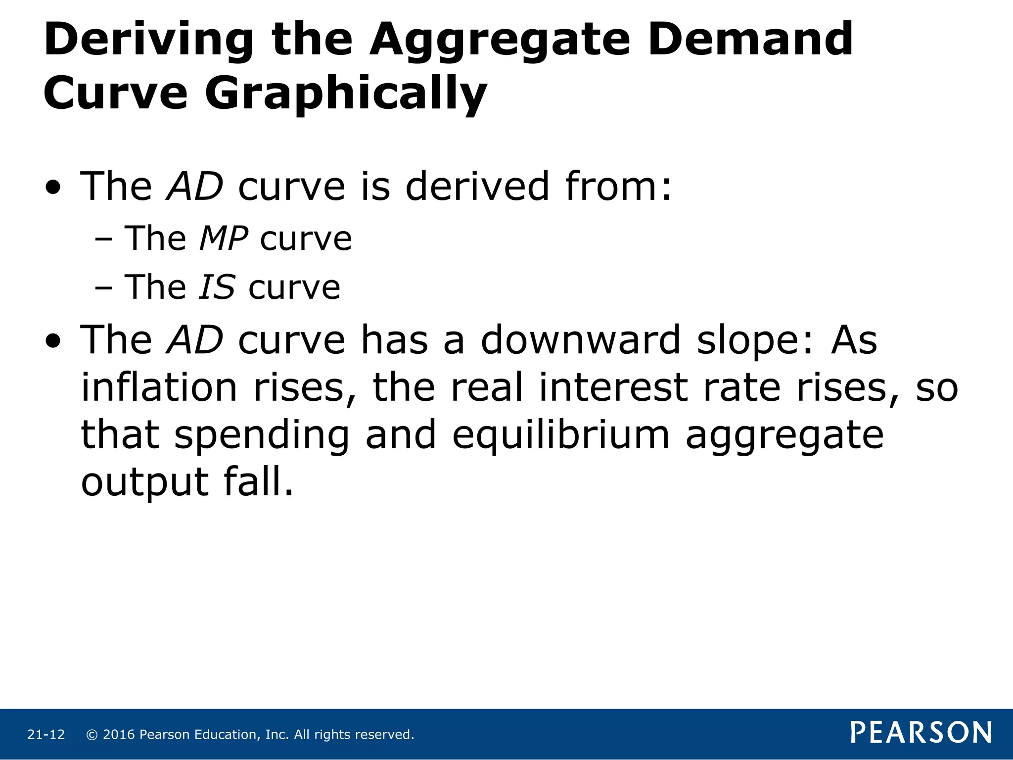© 2016 Pearson Education, Inc. All rights reserved.21-12
Deriving the Aggregate Demand
Curve Graphically
• The AD curve is derived from:
– The MP curve
– The IS curve
• The AD curve has a downward slope: As
inflation rises, the real interest rate rises, so
that spending and equilibrium aggregate
output fall.
 