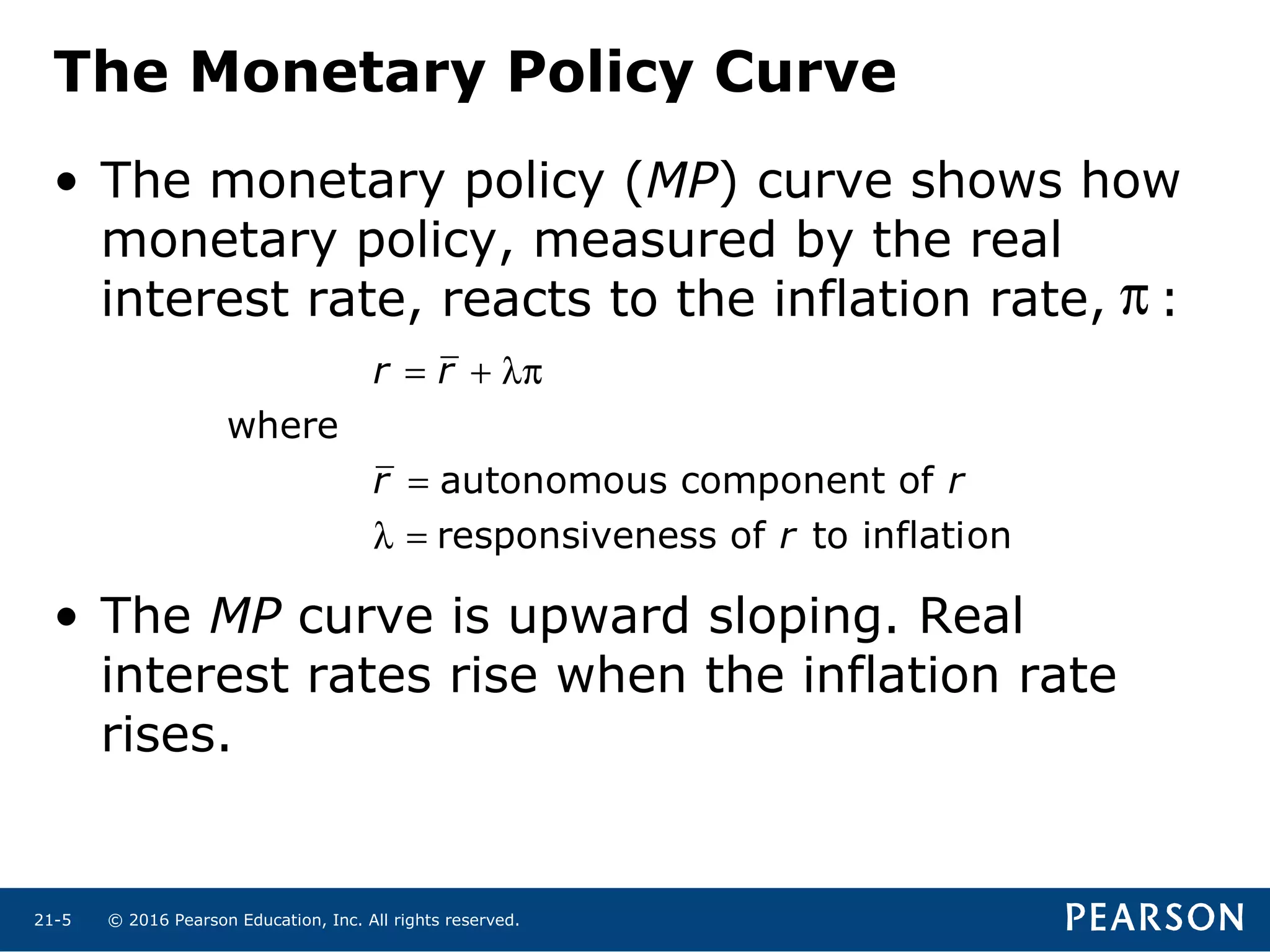 © 2016 Pearson Education, Inc. All rights reserved.21-5
The Monetary Policy Curve
• The monetary policy (MP) curve shows how
monetary policy, measured by the real
interest rate, reacts to the inflation rate, :
• The MP curve is upward sloping. Real
interest rates rise when the inflation rate
rises.
where
autonomous component of
responsiveness of to inflation
r r
r r
r
= + λπ
=
λ =
π
 