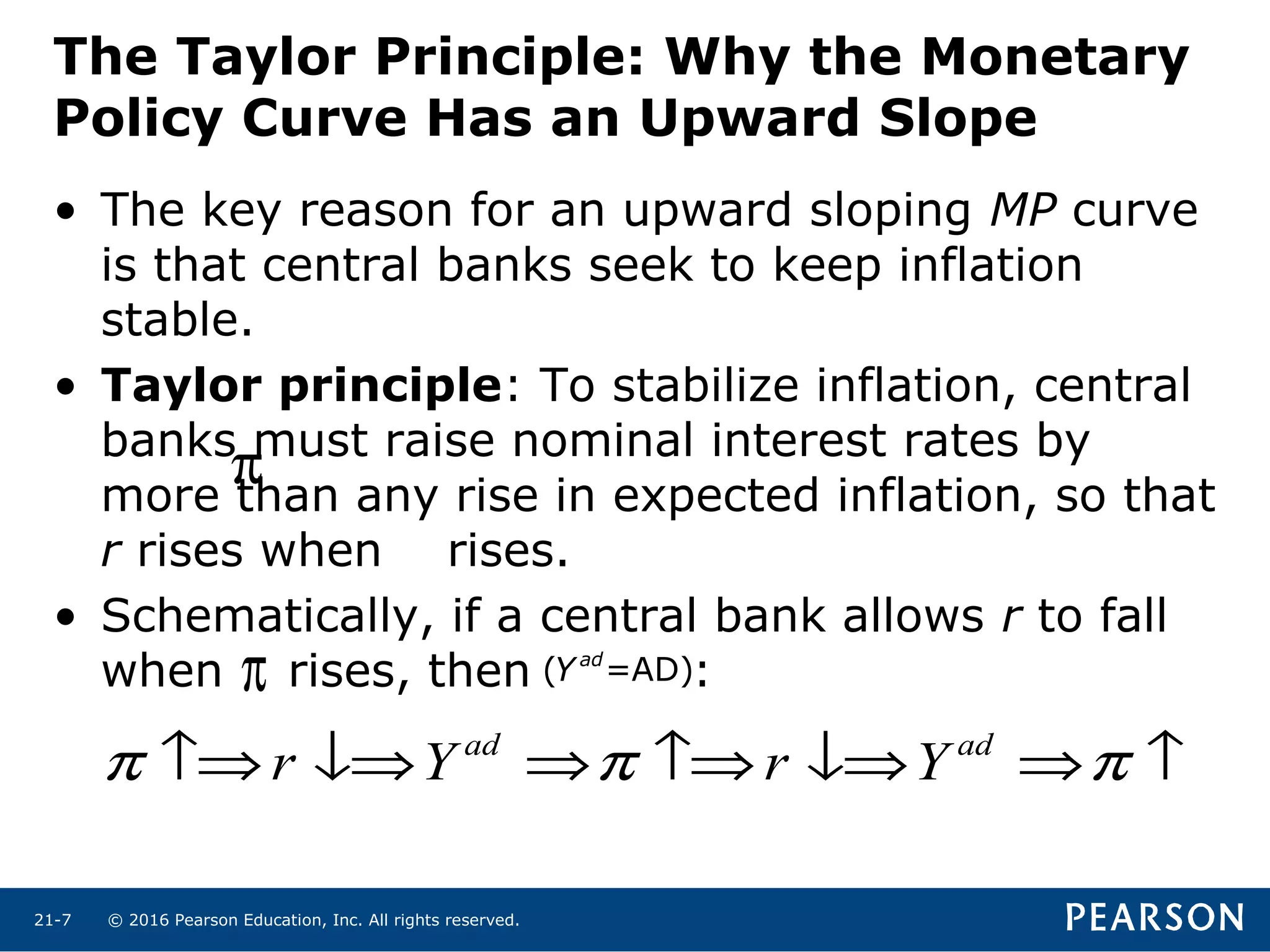 © 2016 Pearson Education, Inc. All rights reserved.21-7
The Taylor Principle: Why the Monetary
Policy Curve Has an Upward Slope
• The key reason for an upward sloping MP curve
is that central banks seek to keep inflation
stable.
• Taylor principle: To stabilize inflation, central
banks must raise nominal interest rates by
more than any rise in expected inflation, so that
r rises when rises.
• Schematically, if a central bank allows r to fall
when rises, then :( =AD)ad
Y
π
π
ad ad
r Y r Yπ π π↑⇒ ↓⇒ ⇒ ↑⇒ ↓⇒ ⇒ ↑
 