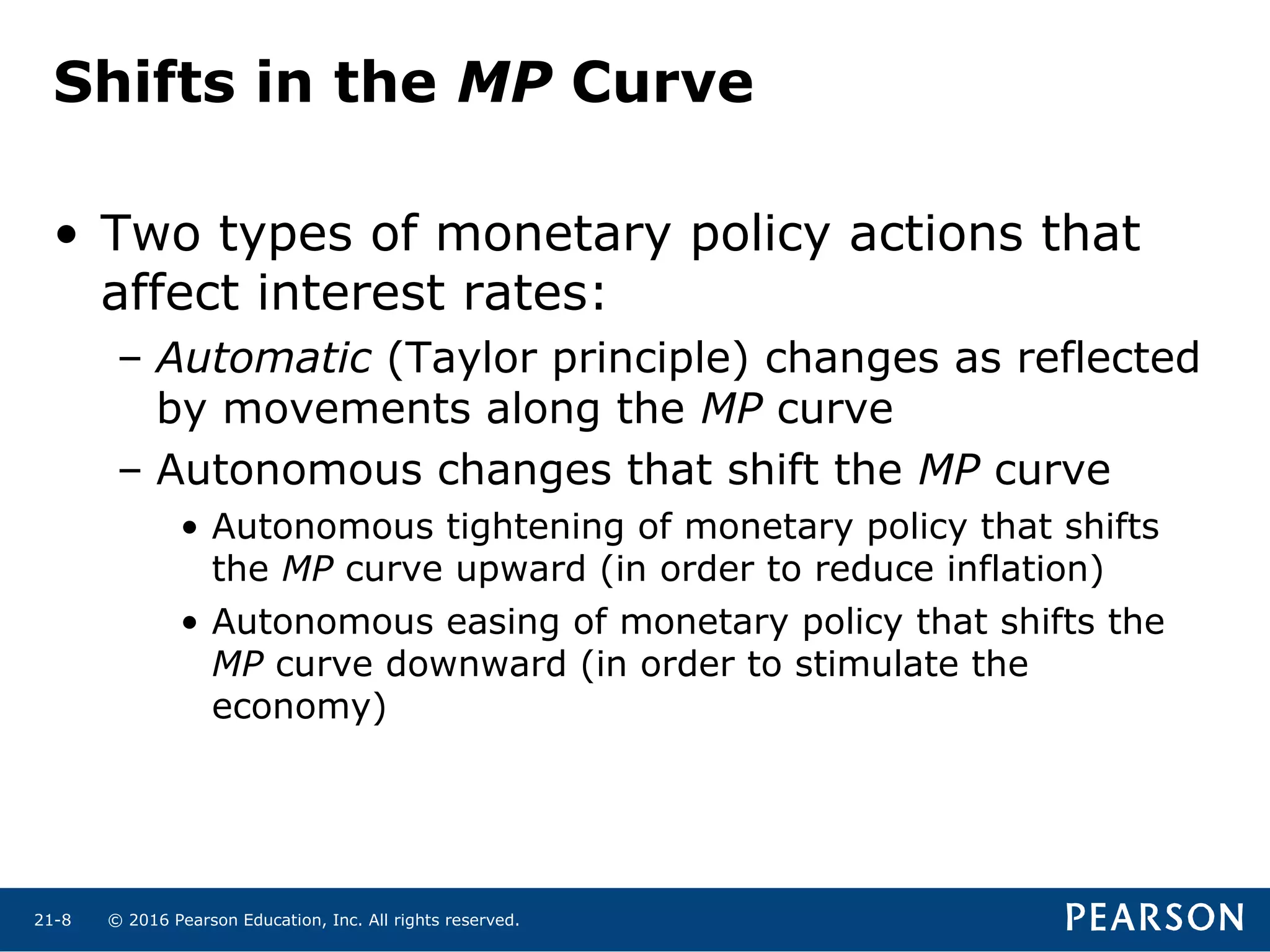 © 2016 Pearson Education, Inc. All rights reserved.21-8
Shifts in the MP Curve
• Two types of monetary policy actions that
affect interest rates:
– Automatic (Taylor principle) changes as reflected
by movements along the MP curve
– Autonomous changes that shift the MP curve
• Autonomous tightening of monetary policy that shifts
the MP curve upward (in order to reduce inflation)
• Autonomous easing of monetary policy that shifts the
MP curve downward (in order to stimulate the
economy)
 
