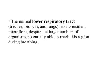 • The normal lower respiratory tract
(trachea, bronchi, and lungs) has no resident
microflora, despite the large numbers of
organisms potentially able to reach this region
during breathing.
 