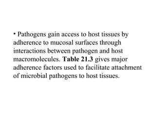 • Pathogens gain access to host tissues by
adherence to mucosal surfaces through
interactions between pathogen and host
macromolecules. Table 21.3 gives major
adherence factors used to facilitate attachment
of microbial pathogens to host tissues.
 