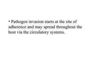 • Pathogen invasion starts at the site of
adherence and may spread throughout the
host via the circulatory systems.
 