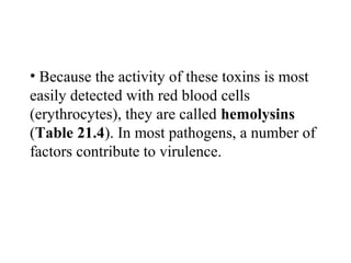 • Because the activity of these toxins is most
easily detected with red blood cells
(erythrocytes), they are called hemolysins
(Table 21.4). In most pathogens, a number of
factors contribute to virulence.
 