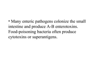 • Many enteric pathogens colonize the small
intestine and produce A-B enterotoxins.
Food-poisoning bacteria often produce
cytotoxins or superantigens.
 