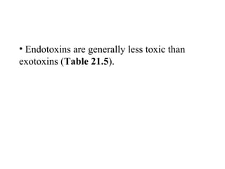 • Endotoxins are generally less toxic than
exotoxins (Table 21.5).
 