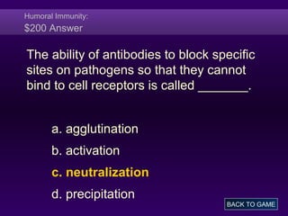 Humoral Immunity:
$200 Answer
The ability of antibodies to block specific
sites on pathogens so that they cannot
bind to cell receptors is called _______.
a. agglutination
b. activation
c. neutralization
d. precipitation
BACK TO GAME
 