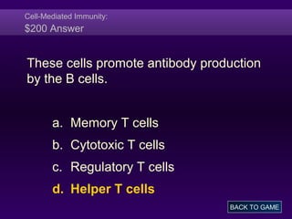 Cell-Mediated Immunity:
$200 Answer
These cells promote antibody production
by the B cells.
a. Memory T cells
b. Cytotoxic T cells
c. Regulatory T cells
d. Helper T cells
BACK TO GAME
 