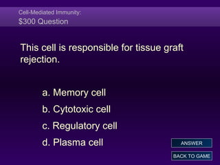 Cell-Mediated Immunity:
$300 Question
This cell is responsible for tissue graft
rejection.
a. Memory cell
b. Cytotoxic cell
c. Regulatory cell
d. Plasma cell
BACK TO GAME
ANSWER
 