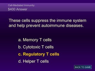 Cell-Mediated Immunity:
$400 Answer
These cells suppress the immune system
and help prevent autoimmune diseases.
a. Memory T cells
b. Cytotoxic T cells
c. Regulatory T cells
d. Helper T cells
BACK TO GAME
 