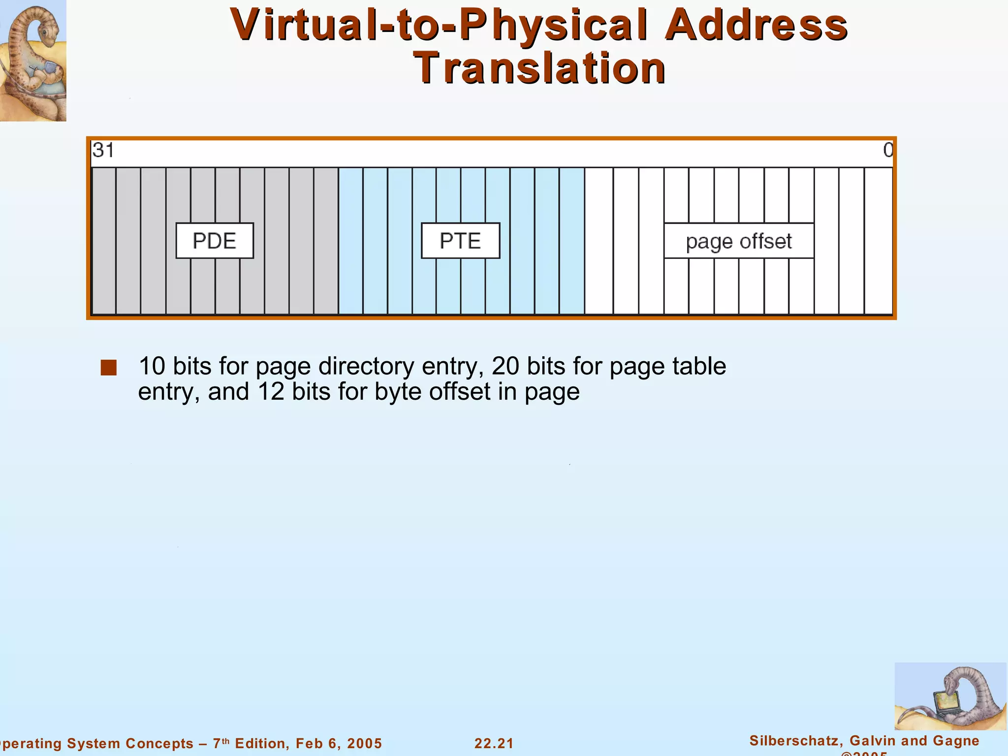 Virtual-to-Physical Address Translation 10 bits for page directory entry, 20 bits for page table entry, and 12 bits for byte offset in page 
