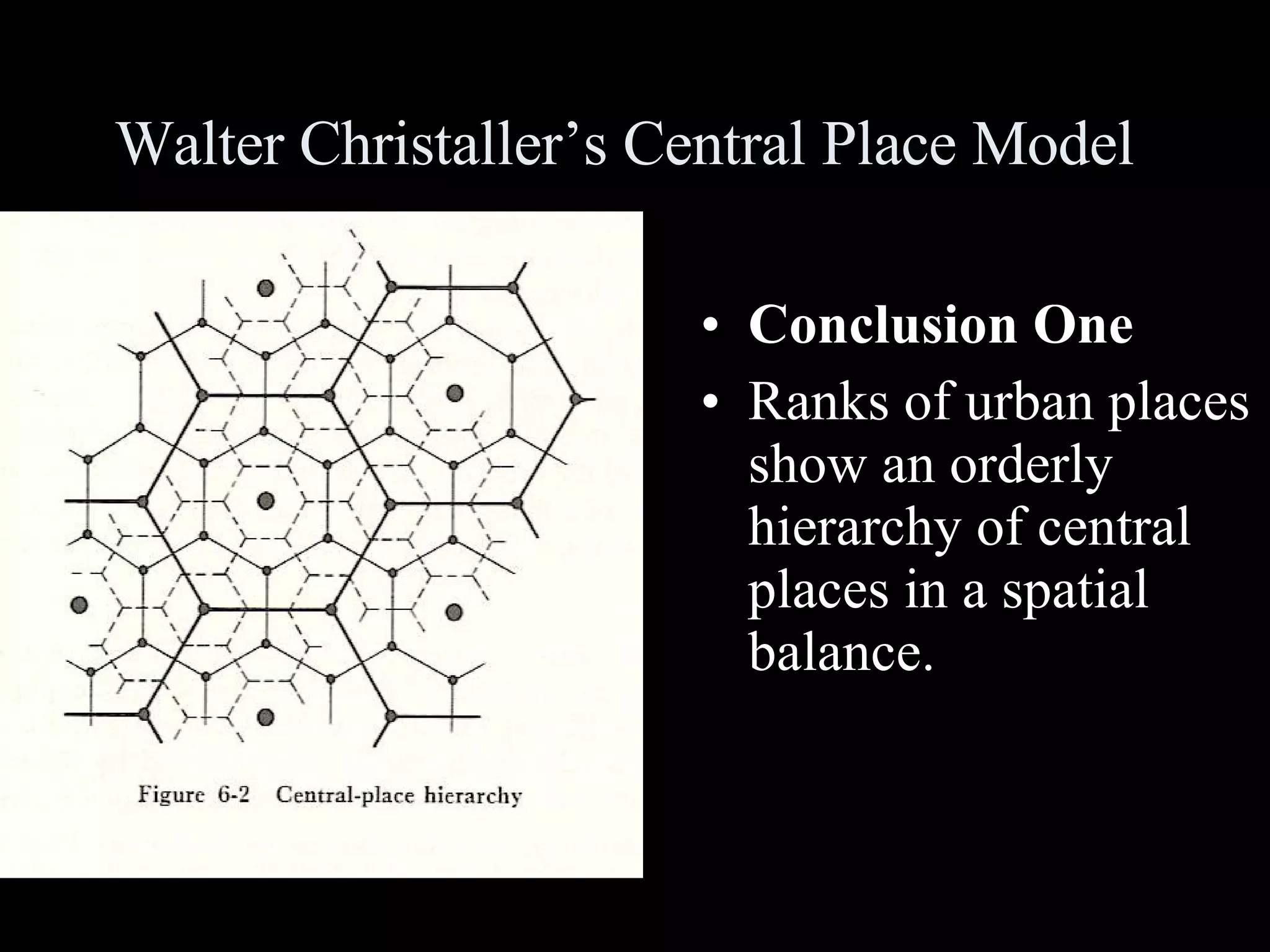 Walter Christaller’s Central Place Model Conclusion One Ranks of urban places show an orderly hierarchy of central places in a spatial balance. 