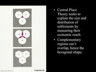 Central Place Theory seeks to explain the size and distribution of settlements by measuring their economic reach. Complementary regions can’t overlap, hence the hexagonal shape. 