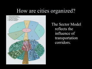 How are cities organized? The Sector Model reflects the influence of transportation corridors. 