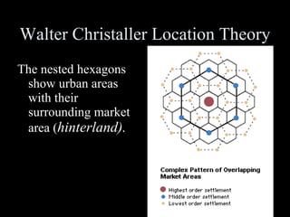 Walter Christaller Location Theory The nested hexagons show urban areas with their surrounding market area ( hinterland). 