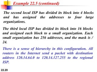 The second local ISP has divided its block into 4 blocks and has assigned the addresses to four large organizations. Example 22.5 (continued) There is a sense of hierarchy in this configuration. All routers in the Internet send a packet with destination address 120.14.64.0 to 120.14.127.255 to the regional ISP. The third local ISP has divided its block into 16 blocks and assigned each block to a small organization. Each small organization has 256 addresses, and the mask is /24. 
