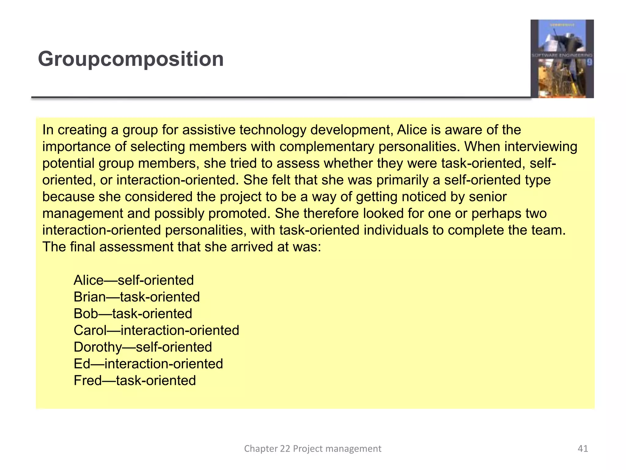 GroupcompositionIn creating a group for assistive technology development, Alice is aware of the importance of selecting members with complementary personalities. When interviewing potential group members, she tried to assess whether they were task-oriented, self-oriented, or interaction-oriented. She felt that she was primarily a self-oriented type because she considered the project to be a way of getting noticed by senior management and possibly promoted. She therefore looked for one or perhaps two interaction-oriented personalities, with task-oriented individuals to complete the team. The final assessment that she arrived at was:	Alice—self-oriented	Brian—task-oriented	Bob—task-oriented	Carol—interaction-oriented	Dorothy—self-oriented	Ed—interaction-oriented	Fred—task-oriented41Chapter 22 Project management