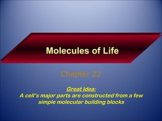 Molecules of Life Chapter 22 Great Idea: A cell’s major parts are constructed from a few simple molecular building blocks 