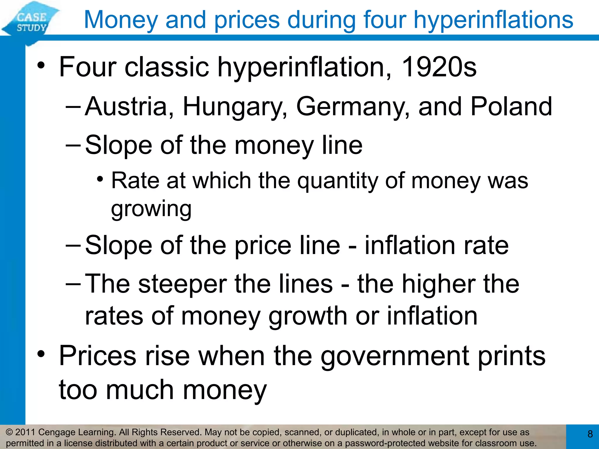 Money and prices during four hyperinflations
       • Four classic hyperinflation, 1920s
              – Austria, Hungary, Germany, and Poland
              – Slope of the money line
                      • Rate at which the quantity of money was
                        growing
              – Slope of the price line - inflation rate
              – The steeper the lines - the higher the
                rates of money growth or inflation
       • Prices rise when the government prints
         too much money
© 2011 Cengage Learning. All Rights Reserved. May not be copied, scanned, or duplicated, in whole or in part, except for use as        8
permitted in a license distributed with a certain product or service or otherwise on a password-protected website for classroom use.
 