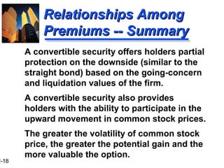2-18
Relationships AmongRelationships Among
Premiums -- SummaryPremiums -- Summary
A convertible security offers holders partial
protection on the downside (similar to the
straight bond) based on the going-concern
and liquidation values of the firm.
A convertible security also provides
holders with the ability to participate in the
upward movement in common stock prices.
The greater the volatility of common stock
price, the greater the potential gain and the
more valuable the option.
 