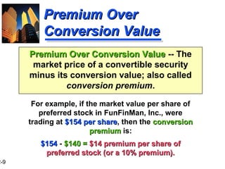 2-9
Premium Over Conversion ValuePremium Over Conversion Value -- The
market price of a convertible security
minus its conversion value; also called
conversion premium.
Premium OverPremium Over
Conversion ValueConversion Value
For example, if the market value per share of
preferred stock in FunFinMan, Inc., were
trading at $154 per share$154 per share, then the conversionconversion
premiumpremium is:
$154$154 - $140 =$140 = $14 premium per share of$14 premium per share of
preferred stock (or a 10% premium).preferred stock (or a 10% premium).
 