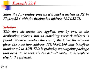 22.16
Show the forwarding process if a packet arrives at R1 in
Figure 22.6 with the destination address 18.24.32.78.
Example 22.4
Solution
This time all masks are applied, one by one, to the
destination address, but no matching network address is
found. When it reaches the end of the table, the module
gives the next-hop address 180.70.65.200 and interface
number m2 to ARP. This is probably an outgoing package
that needs to be sent, via the default router, to someplace
else in the Internet.
 