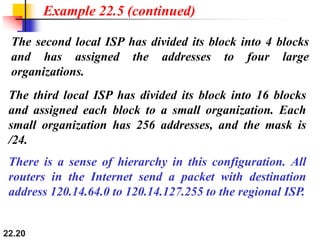 22.20
The second local ISP has divided its block into 4 blocks
and has assigned the addresses to four large
organizations.
Example 22.5 (continued)
There is a sense of hierarchy in this configuration. All
routers in the Internet send a packet with destination
address 120.14.64.0 to 120.14.127.255 to the regional ISP.
The third local ISP has divided its block into 16 blocks
and assigned each block to a small organization. Each
small organization has 256 addresses, and the mask is
/24.
 