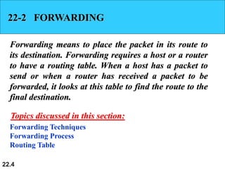 22.4
22-2 FORWARDING
Forwarding means to place the packet in its route to
its destination. Forwarding requires a host or a router
to have a routing table. When a host has a packet to
send or when a router has received a packet to be
forwarded, it looks at this table to find the route to the
final destination.
Forwarding Techniques
Forwarding Process
Routing Table
Topics discussed in this section:
 