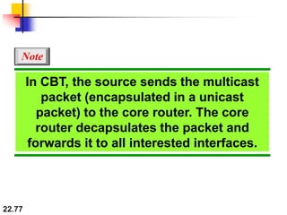 22.77
In CBT, the source sends the multicast
packet (encapsulated in a unicast
packet) to the core router. The core
router decapsulates the packet and
forwards it to all interested interfaces.
Note
 