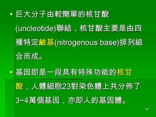 ? ޴^εĺ˸
(uncleotide)Y˸Ҫ
Nض|(nitrogenous base)нM

϶ɡ
? һξ⹦ܵĺ˸

ᣬw23ȾɫwϹց
3~4f༴˵Ļw
67

 