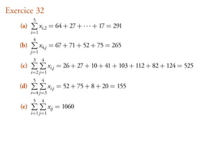 Exercice 32
           5
    (a)         xi,2 = 64 + 27 + · · · + 17 = 291
          i=1
           4
    (b)         x4,j = 67 + 71 + 52 + 75 = 265
          j=1
           3     4
    (c)              xi,j = 26 + 27 + 10 + 41 + 103 + 112 + 82 + 124 = 525
          i=2 j=1
           5     4
    (d)              xi,j = 52 + 75 + 8 + 20 = 155
          i=4 j=3
           5     4
    (e)              xij = 1060
          i=1 j=1
 