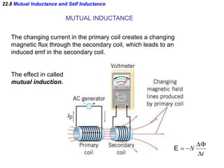 22.8 Mutual Inductance and Self Inductance
MUTUAL INDUCTANCE
The changing current in the primary coil creates a changing
magnetic flux through the secondary coil, which leads to an
induced emf in the secondary coil.
The effect in called
mutual induction.
t
N


E
 