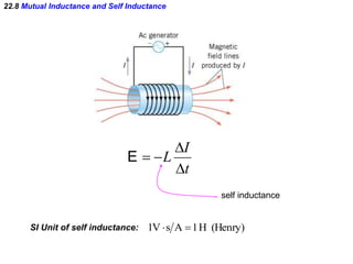 22.8 Mutual Inductance and Self Inductance
SI Unit of self inductance: (Henry)H1As1V 
t
I
L


E
self inductance
 