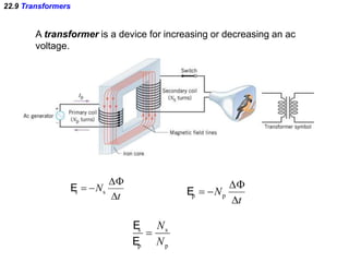 22.9 Transformers
A transformer is a device for increasing or decreasing an ac
voltage.
t
N


 ssE
t
N


 ppE
p
s
p
s
N
N

E
E
 