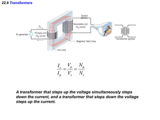 22.9 Transformers
s
p
s
p
p
s
N
N
V
V
I
I

A transformer that steps up the voltage simultaneously steps
down the current, and a transformer that steps down the voltage
steps up the current.
 