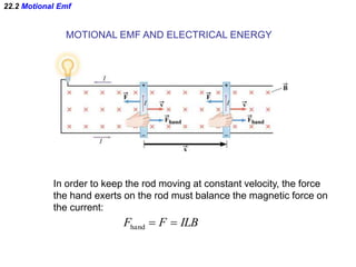22.2 Motional Emf
MOTIONAL EMF AND ELECTRICAL ENERGY
In order to keep the rod moving at constant velocity, the force
the hand exerts on the rod must balance the magnetic force on
the current:
ILBFF hand
 