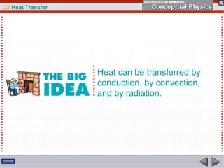 22 Heat Transfer




                   Heat can be transferred by
                   conduction, by convection,
                   and by radiation.
 