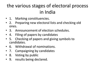 the various stages of electoral process
in India
• 1. Marking constituencies.
• 2. Preparing new electoral lists and checking old
ones.
• 3. Announcement of election schedules.
• 4. Filing of papers by candidates
• 5. Checking of papers and giving symbols to
candidates.
• 6. Withdrawal of nominations.
• 7. Campaigning by candidates
• 8. Voting by public
• 9. results being declared.
 