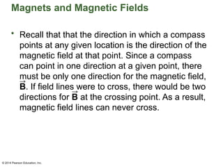 © 2014 Pearson Education, Inc.
Magnets and Magnetic Fields
• Recall that that the direction in which a compass
points at any given location is the direction of the
magnetic field at that point. Since a compass
can point in one direction at a given point, there
must be only one direction for the magnetic field,
B. If field lines were to cross, there would be two
directions for B at the crossing point. As a result,
magnetic field lines can never cross.
 