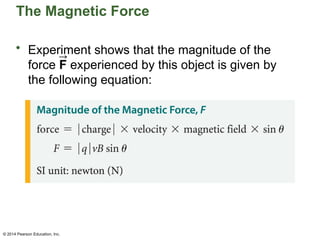 © 2014 Pearson Education, Inc.
The Magnetic Force
• Experiment shows that the magnitude of the
force F experienced by this object is given by
the following equation:
 