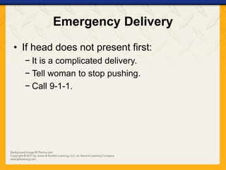 Emergency Delivery
• If head does not present first:
− It is a complicated delivery.
− Tell woman to stop pushing.
− Call 9-1-1.
 