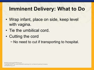 Imminent Delivery: What to Do
• Wrap infant, place on side, keep level
with vagina.
• Tie the umbilical cord.
• Cutting the cord
− No need to cut if transporting to hospital.
 