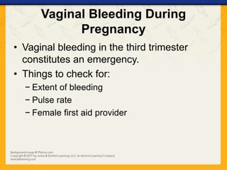 Vaginal Bleeding During
Pregnancy
• Vaginal bleeding in the third trimester
constitutes an emergency.
• Things to check for:
− Extent of bleeding
− Pulse rate
− Female first aid provider
 