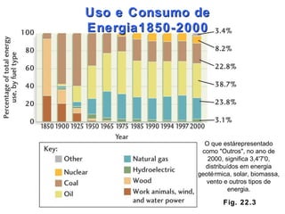 Fig. 22.3 Uso e Consumo de Energia1850-2000 O que está representado como "Outros", no ano de 2000, significa 3,4'7'0, distribuídos em energia geotérmica, solar, biomassa, vento e outros tipos de energia. 